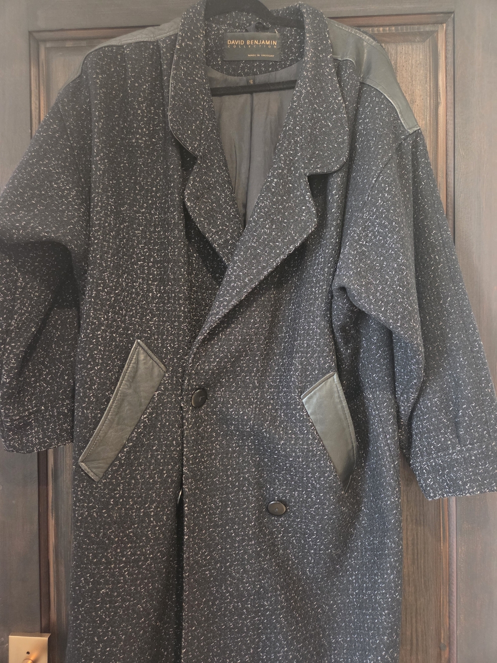 David Benjamin Collection Women’s Size 16 Black Tweed Wool Coat Leather Trim